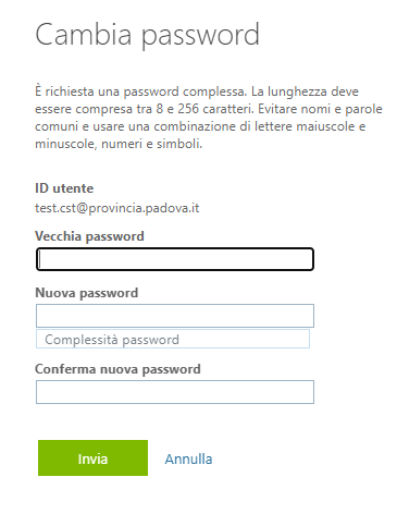 schermata cambio password