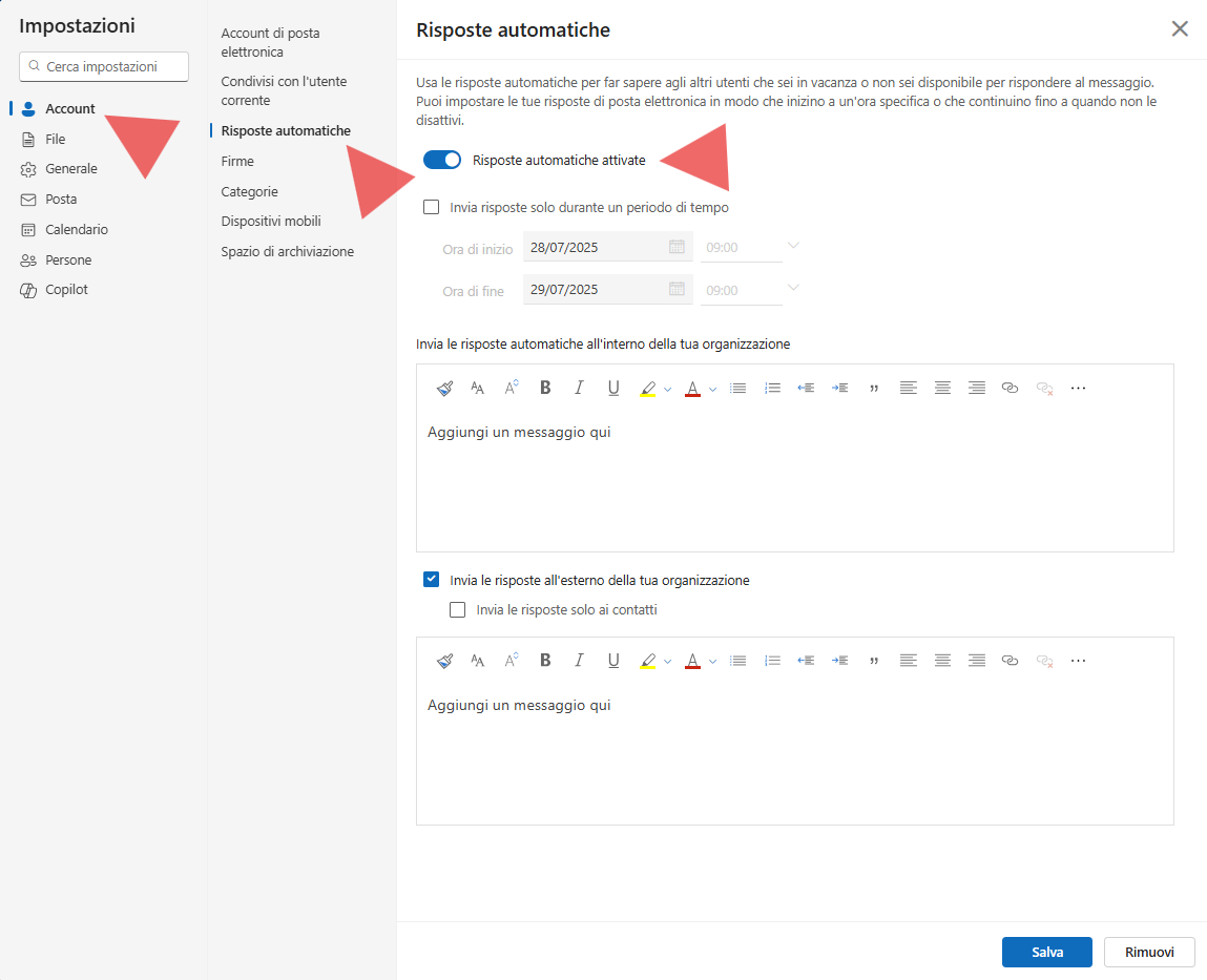 screeshot di come attivare le risposte automatiche